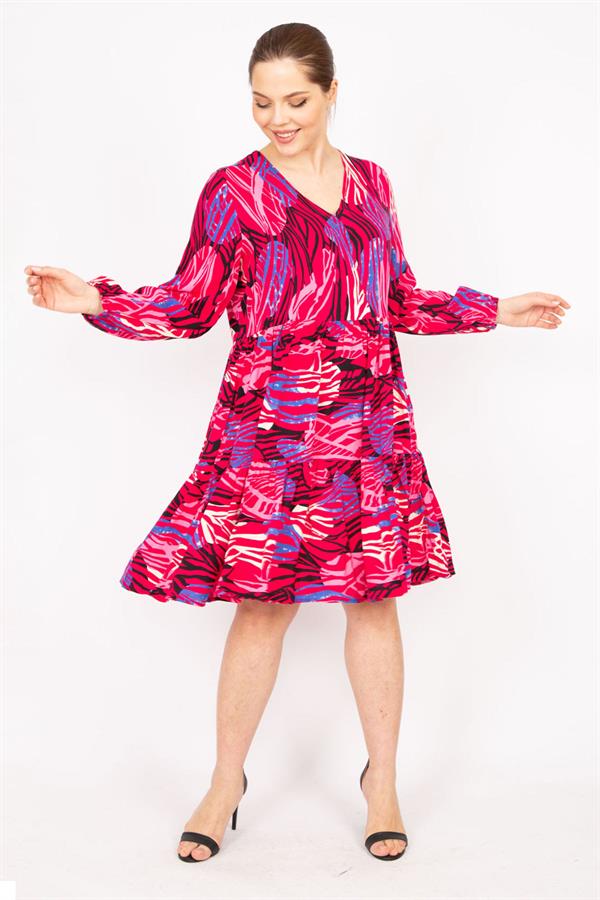 Kadın Fujya Büyük Beden Dokuma Viskon Kumaş V Yaka Katlı Elbise 65N35833