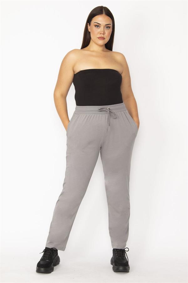 Kadın Gri Beli Lastik Ve Kuşgözü Kaytan Detaylı Cepli Spor Pantolon 65N29152