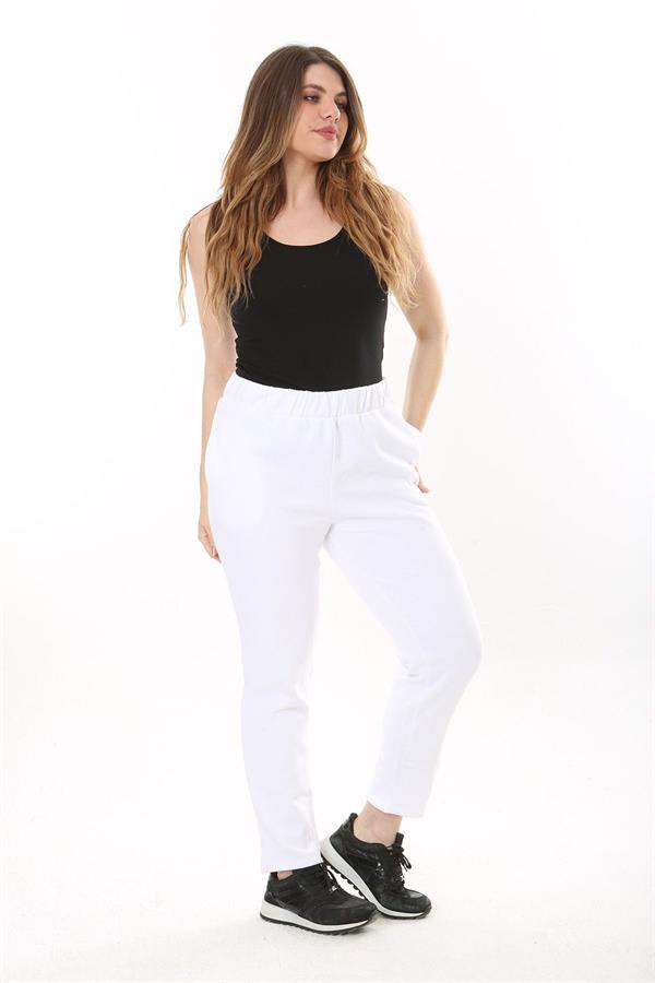 Kadın Büyük Beden Beyaz İçi Şardonlu Yan Cepli Eşofman Alt 65N37566