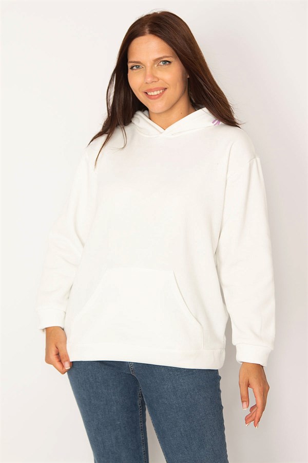 Women's White Hooded Kangaroo Pocket Fleece Sweatshirt with Raised Inside 65N34583