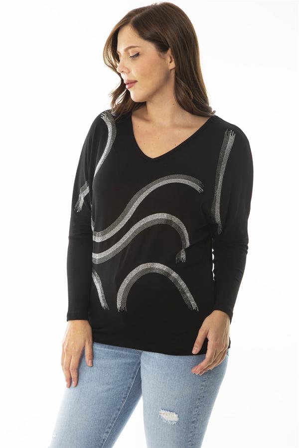 Kadın Büyük Beden Siyah Taş Detaylı V Yakalı Uzun Kollu Bluz 65N36861