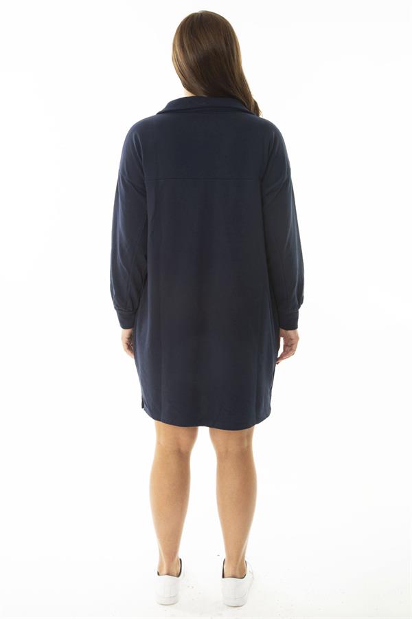 Kadın Büyük Beden Lacivert Ön Pat Fermuarlı Dik Yakalı Sweatshirt Elbise 65N36968