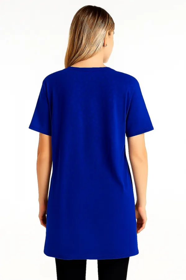 Kadın Büyük Beden Saks, Yaka Yırtık Detaylı, Yan Yırtmaçlı Baskılı Tunik 65N39247