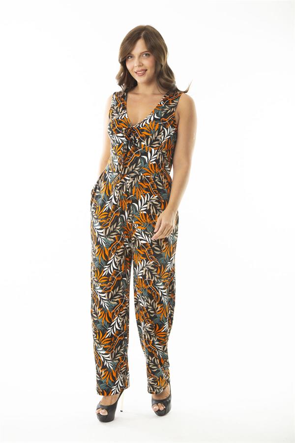 Kadın Büyük Beden Renkli V Yakalı Yan Cepli Renkli Tulum 65N36877