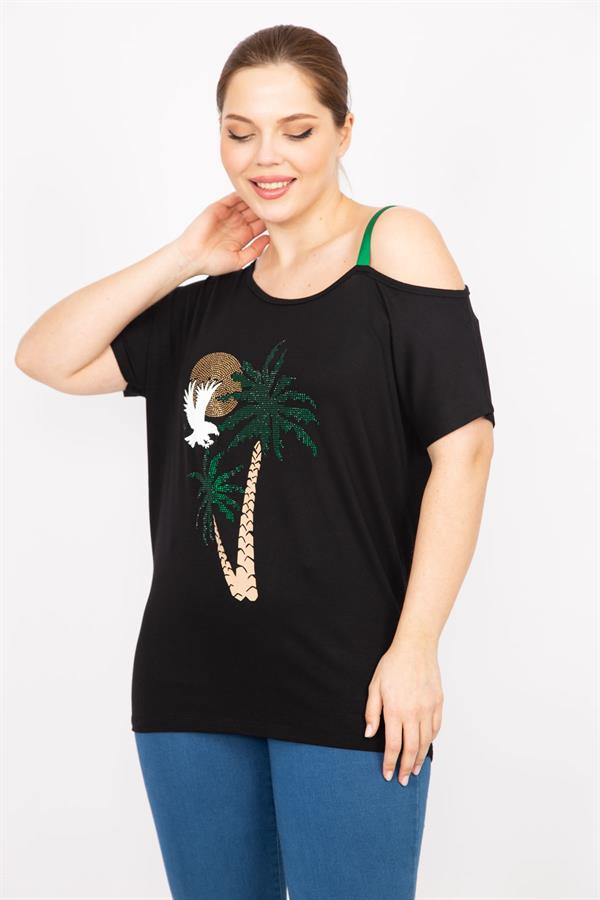 Kadın Siyah Büyük Beden Taş Ve Askı Detaylı Bluz