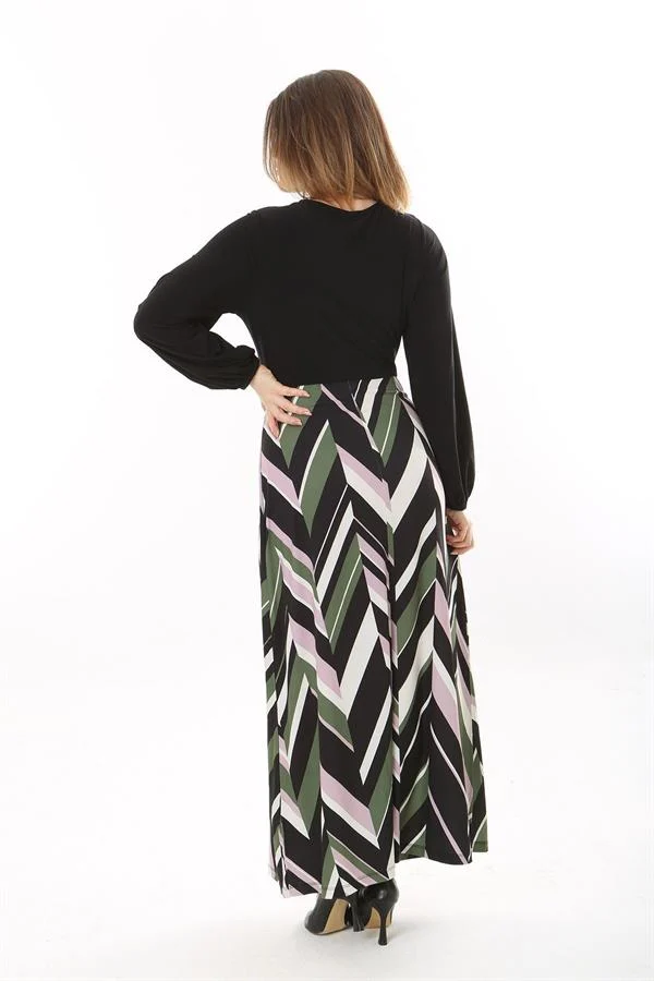 Kadın Büyük Beden Siyah Göğsü Büzgü Detaylı Uzun Kollu Elbise