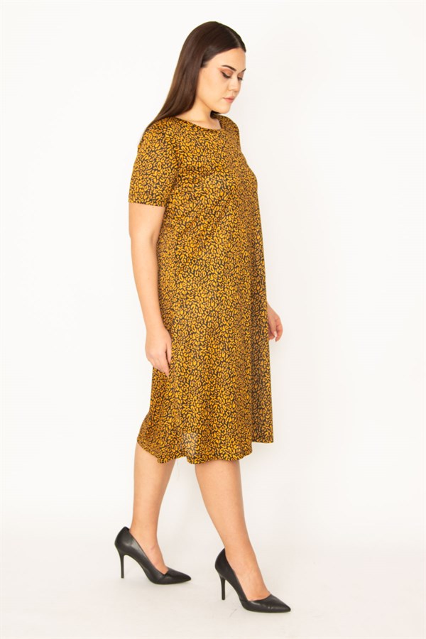KADIN HARDAL İNCE KREP KUMAŞ KISA KOLLU DESENLİ ELBİSE