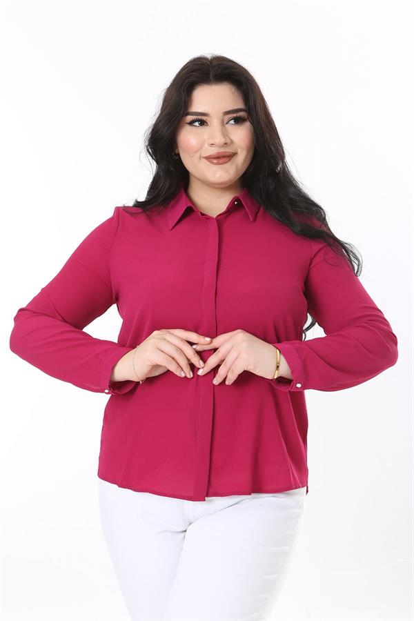 Kadın Büyük Beden Fujya Gizli Pat Ön Düğmeli Bluz 65N38019