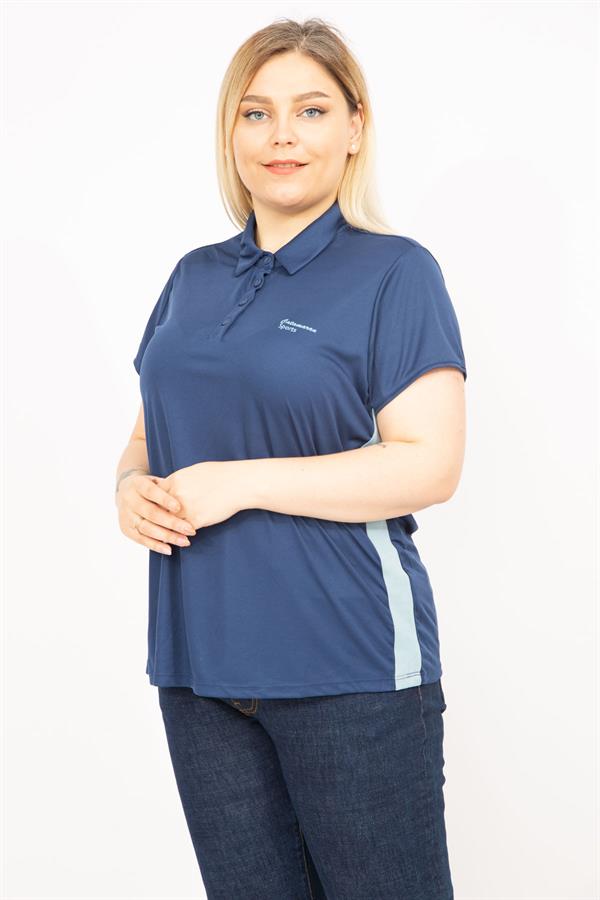 Kadın Lacivert Büyük Beden Polo Yakalı Yan Şeritli Spor Bluz 65N35771