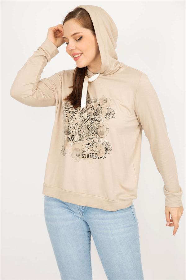 Kadın Vizon Büyük Beden Kapşonlu Baskı Ve Taş Detaylı Sweatshirt