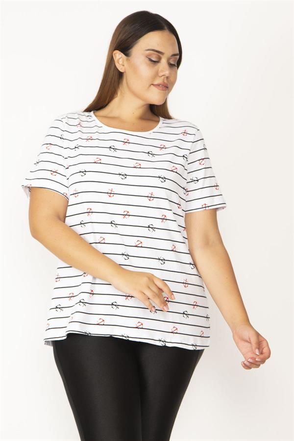 Kadın Beyaz Büyük Beden Pamuklu Kumaş Marin Desenli Bisiklet Yaka Kısa Kollu Bluz 65N35769