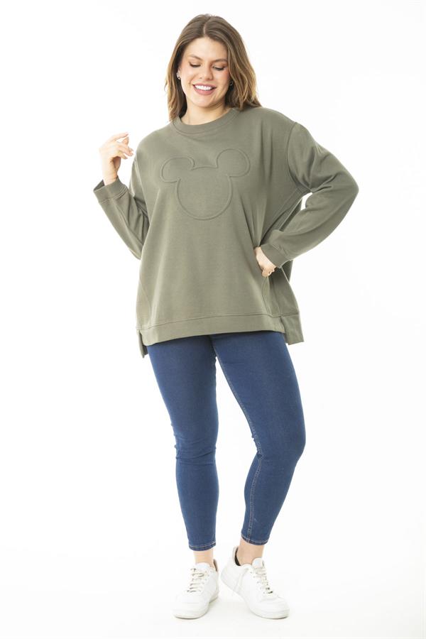 Women's Plus Size Khaki Ribbed Slit Sweatshirt 65N37177