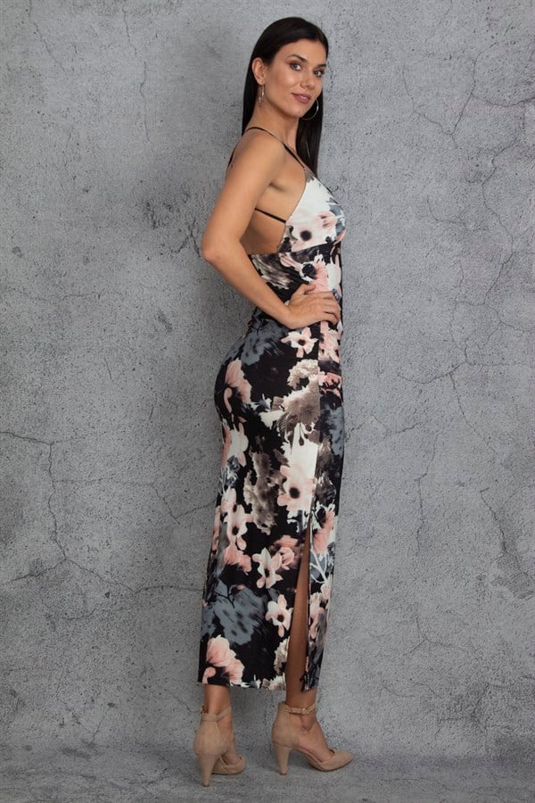 Kadın Renkli Askılı Yanları Lastik Detaylı Sırt Dekolteli Elbise