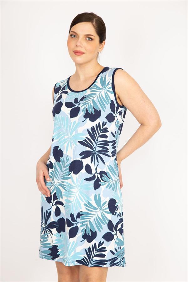 Kadın Mavi Büyük Beden Bisiklet Yakalı Desenli Elbise