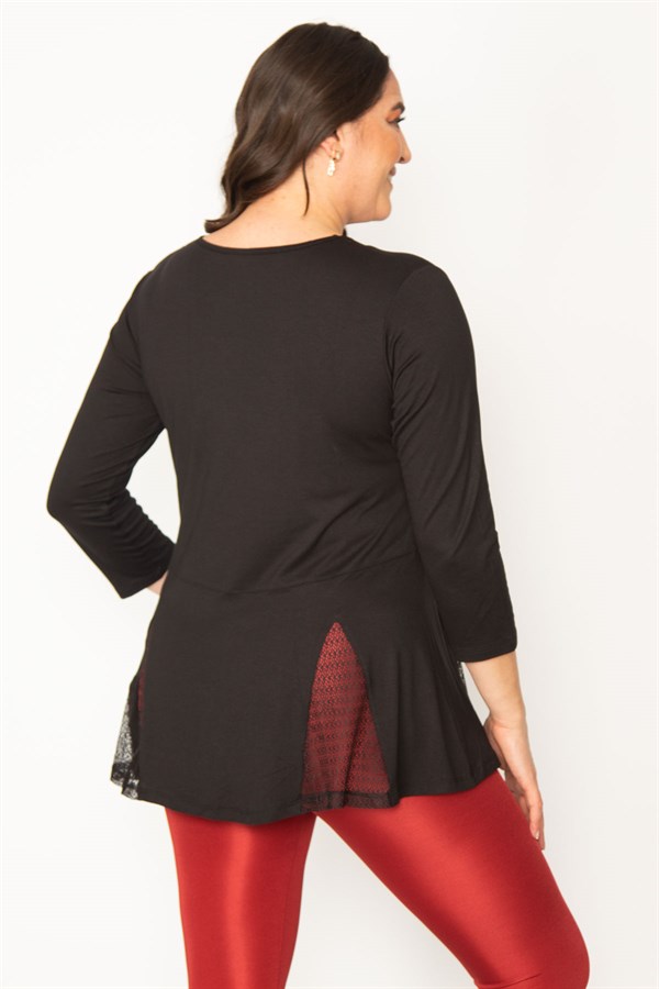 Kadın Siyah Yaka Ve Etek Ucu Dantel Detaylı Viskon Bluz 65N30460
