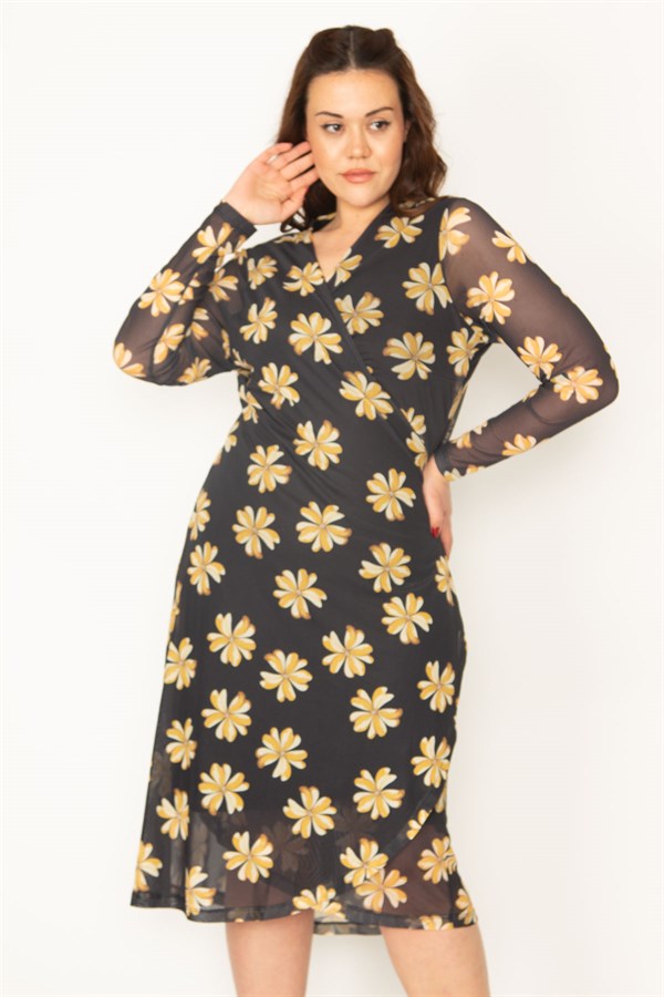 KADIN SİYAH KOLLARI TÜL BEDENİ ASTARLI KUŞAK BAĞLAMALI ÖNÜ AÇIK ANVELOP ELBİSE