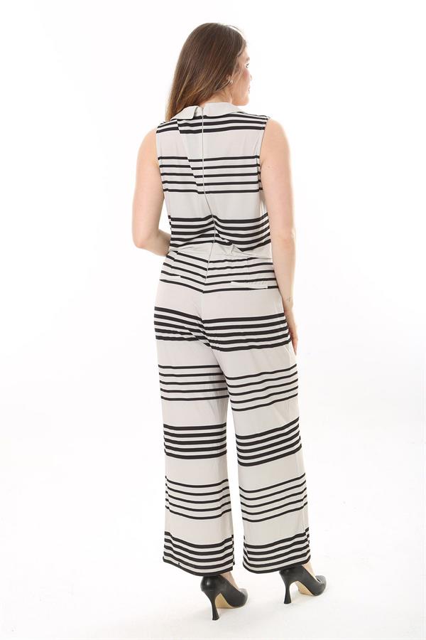 Kadın Büyük Beden Bej V Yakalı Geniş Paçalı Tulum 65N37634