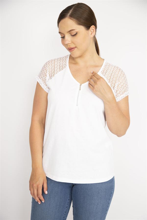 Kadın Beyaz Büyük Beden Pamuklu Kumaş Ön Pat Fermuarlı Kolları Dantel Bluz
