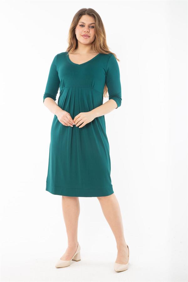 Kadın Büyük Beden Yeşil Büzgü Ve Pile Detaylı Kapri Kollu Elbise 65N37352