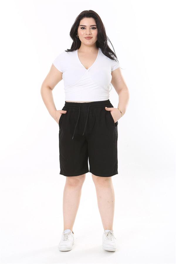 Kadın Büyük Beden Siyah Beli Lastikli 4 Cepli Kot Şort 65N38068