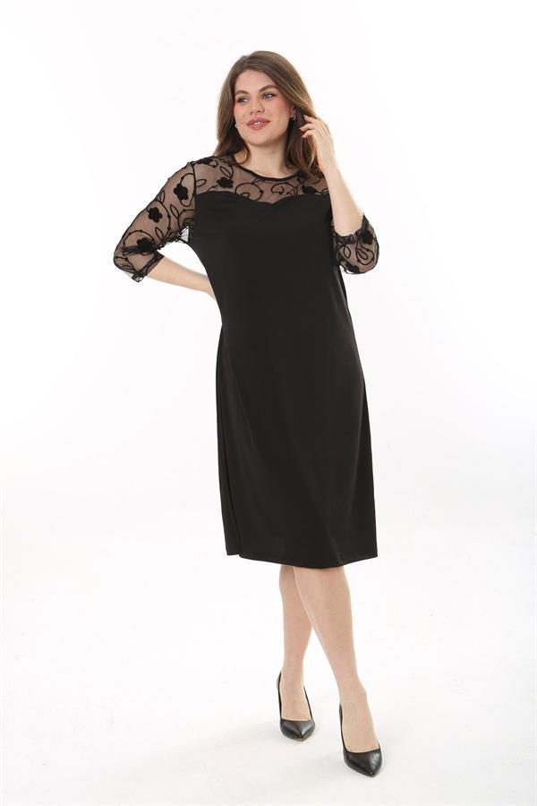 Kadın Büyük Beden Siyah Dantel Detaylı Elbise 65N37659