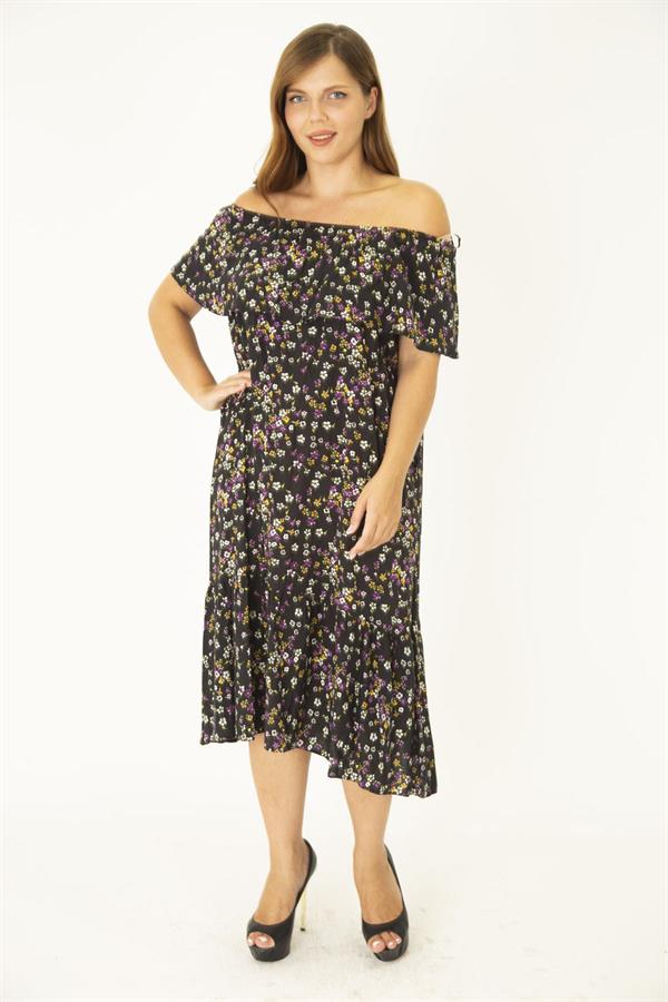 Kadın Büyük Beden Renkli Dokuma Viskon Kumaş Yakası Lastik Ve Volan Detaylı Elbise 65N36916