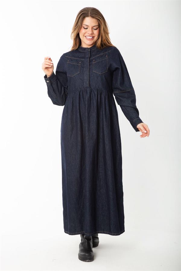 Women's Navy Blue Hidden Placket Metal Button Denim Dress 65N37375