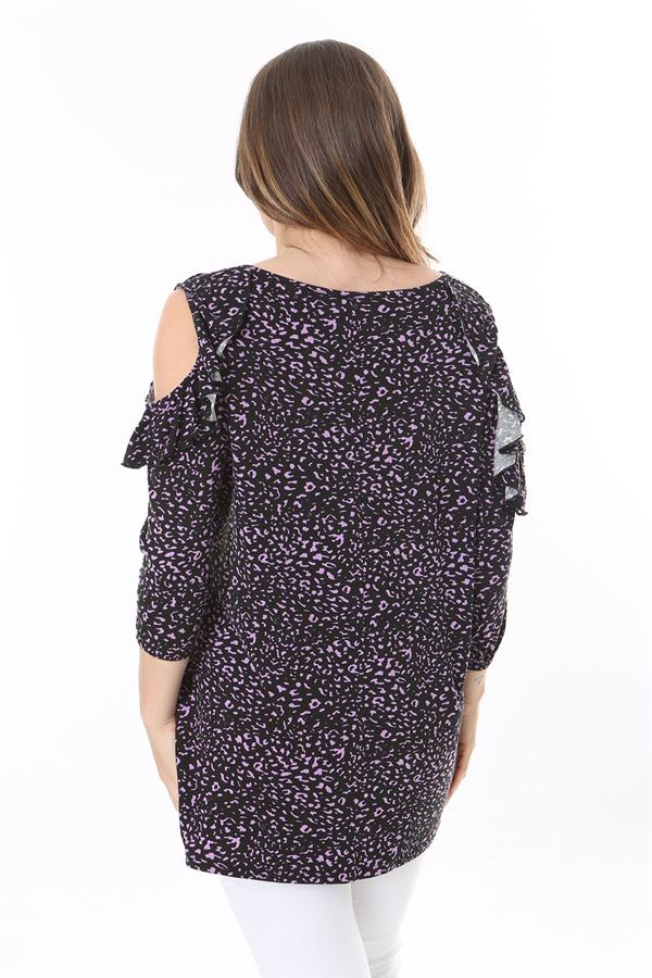 Kadın Büyük Beden Renkli Omuz Dekolte Ve Volan Detaylı Bluz 65N37800