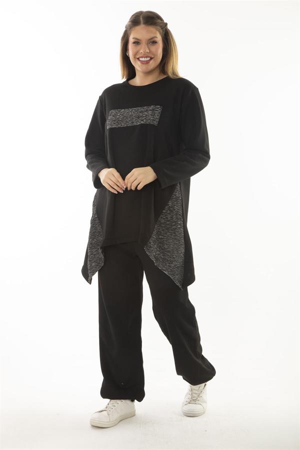Kadın Büyük Beden Siyah Sim Detaylı Sweatshirt Pantolon İkili Takım 65N37054