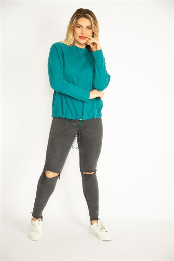 Kadın Yeşil Büyük Beden Reglan Kol Etek Ucu Kuşgözü Bağcıklı Sweatshirt 65N35790
