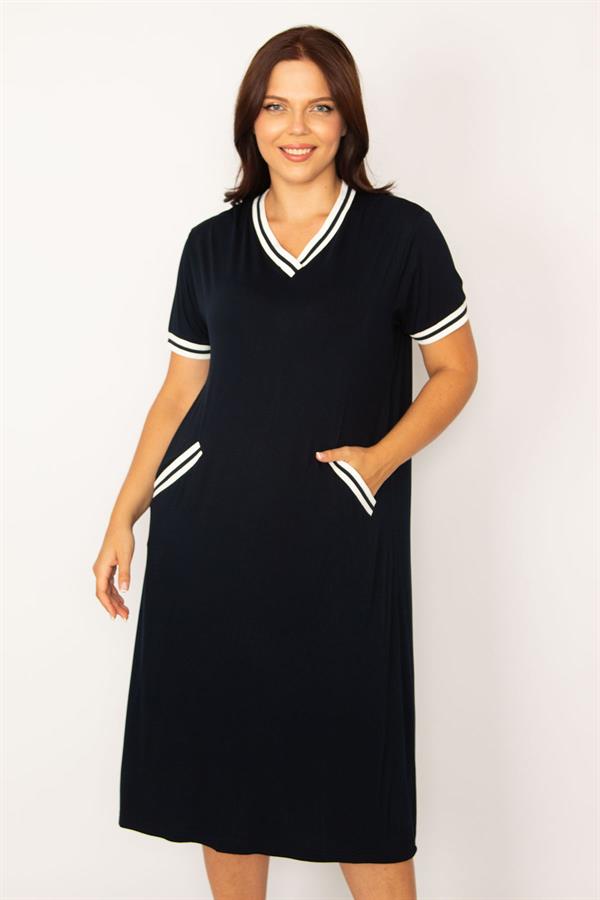 Kadın Lacivert Ribana Detaylı V Yakalı Cepli Elbise 65N34160