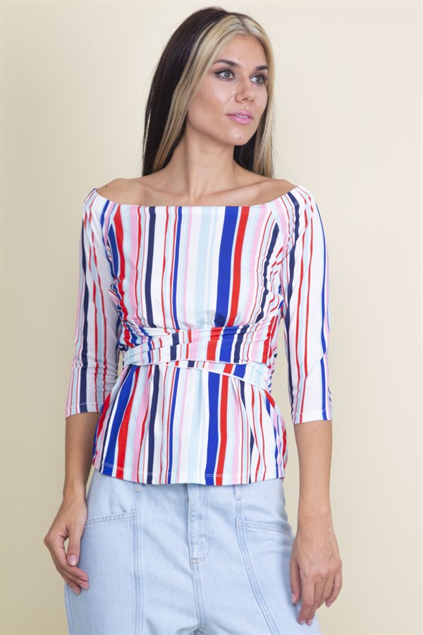 KARMEN YAKA KAPRİ KOL BEL BAĞLAMALI RENKLİ BLUZ