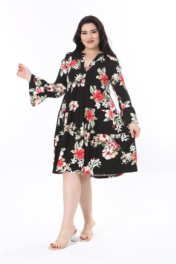 Kadın Büyük Beden Siyah V Yakalı Uzun Kollu Katlı Elbise 65N37944