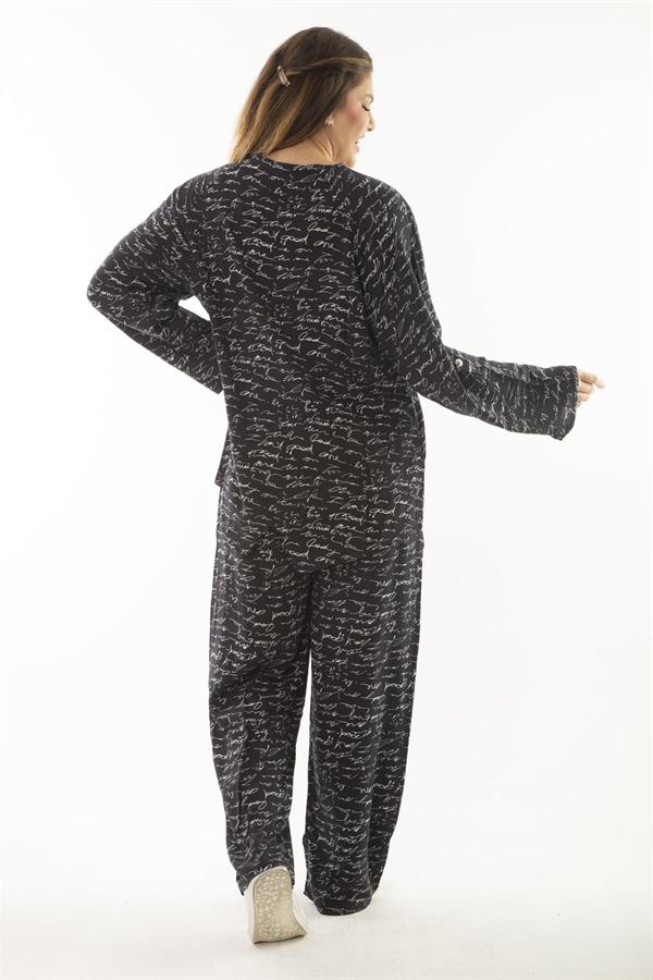 Kadın Büyük Beden Kemik Dokuma Viskon Kumaş Ön Fermuarlı Bluz Pantolon İkili Takım 65N37005