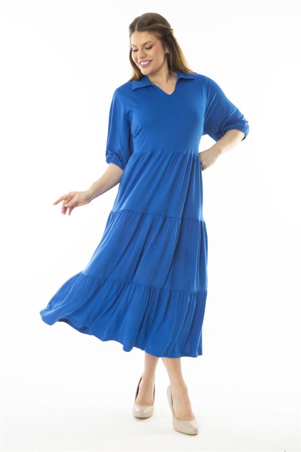 Kadın Büyük Beden Saks Yakalı Kol Ağzı Lastik Detaylı Katlı Uzun Elbise 65N37071