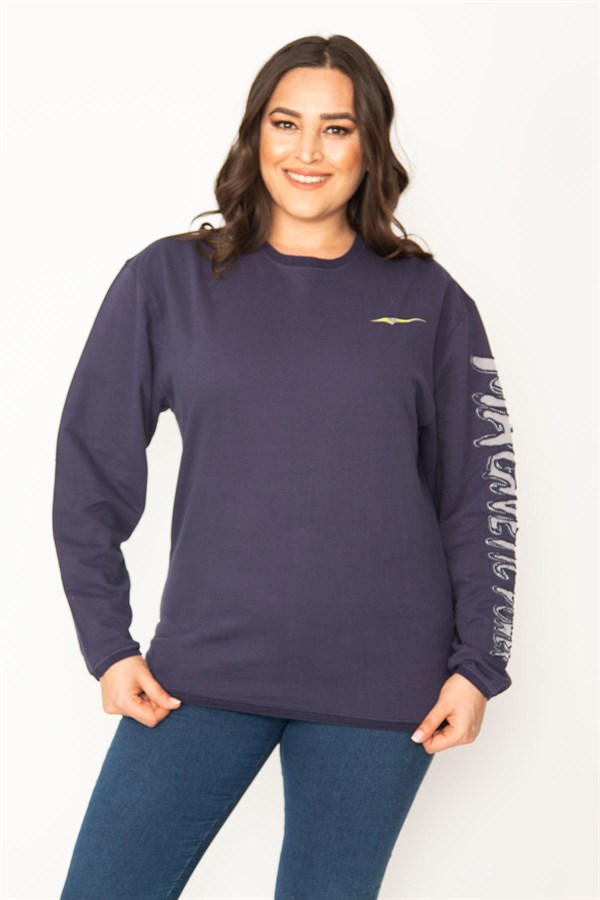 Women's Navy Blue Cotton Fabric Sleeve Applique Sweatshirt 65N31025