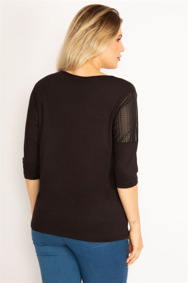 Kadın Siyah Lazer Kesim Detaylı Kapri Kollu Viskon Bluz 65N34631