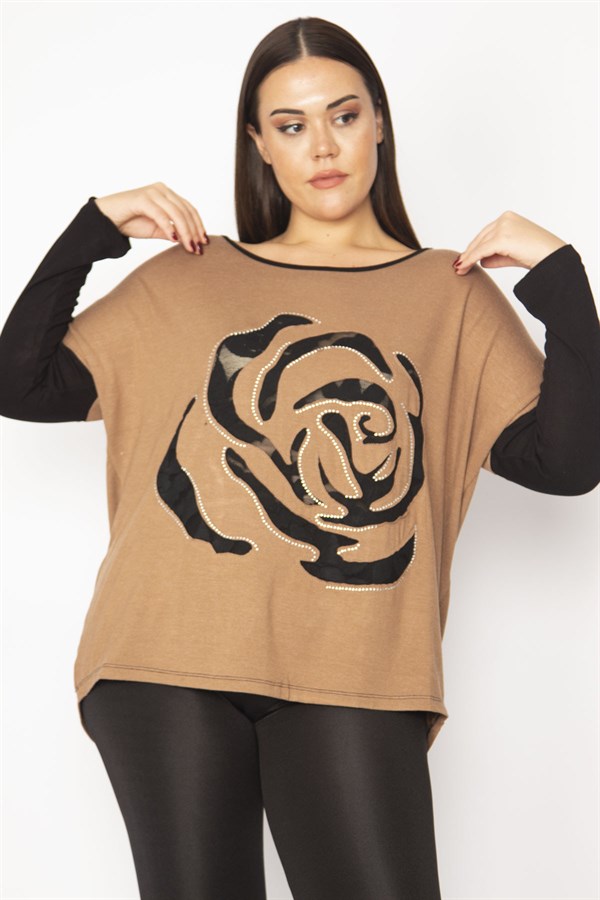 Kadın Camel Önü Flok Desen Ve Taş Detaylı İki Renkli Tunik 65N29336