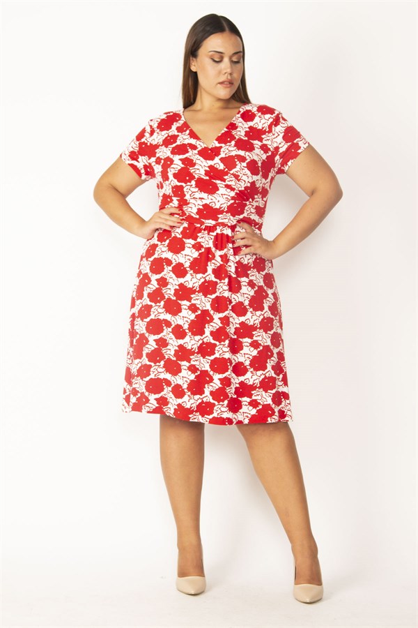 WOMEN'S RED WRAPPED COLLAR FLORAL PATTERNED VISCOSE DRESS