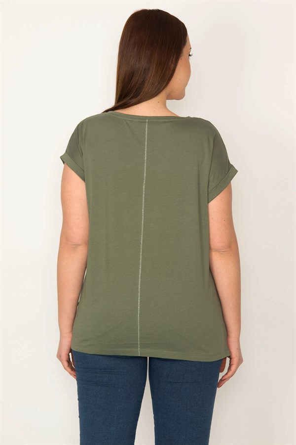 KADIN HAKİ PAMUKLU KUMAŞ DİJİTAL BASKILI KISA KOLLU BLUZ