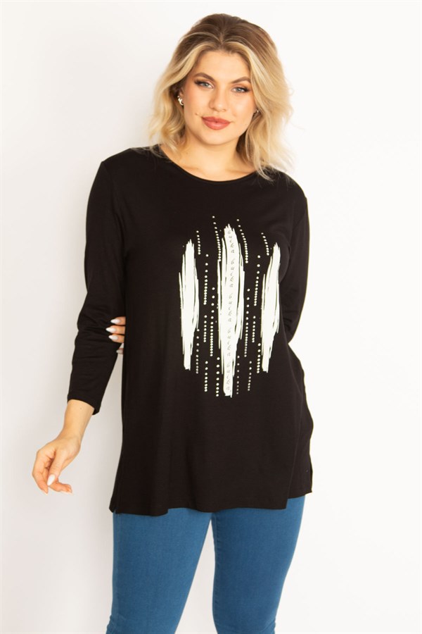 Kadın Siyah Taş Ve Baskı Detaylı Bluz 65N34713