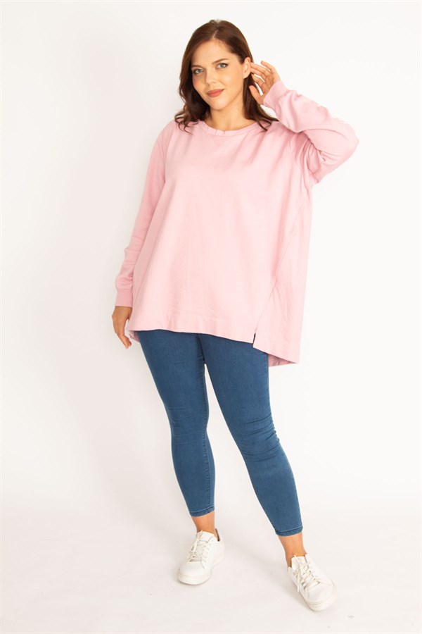 Kadın Pembe İçi Şardonlu Pamuklu Kumaş Etek Ucu İki Yan Fermuar Yırtmaçlı Kol Baskılı Sweatshirt