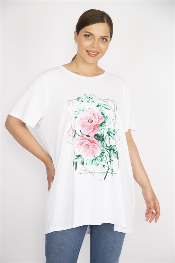 Kadın Beyaz Büyük Beden Rahat Kesim Bisiklet Yakalı Ön Baskılı Tunik