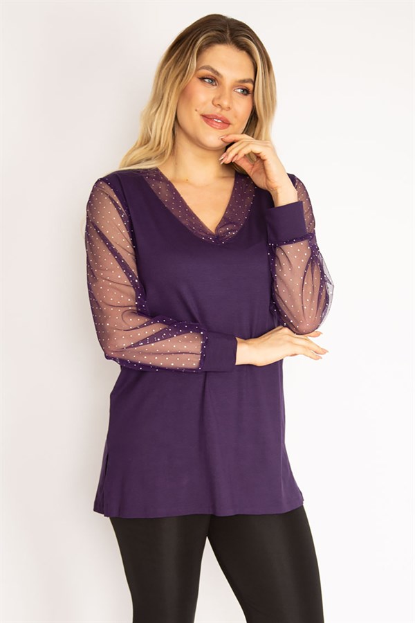 Kadın Mürdüm Yaka Ve Kolları Simli Tül Bluz 65N35185