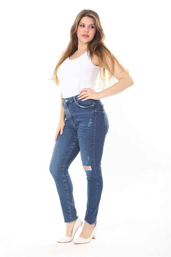 Kadın Büyük Beden Lacivert Yüksek Bel Yırtık Detaylı Skınny Kot Pantolon 65N38030