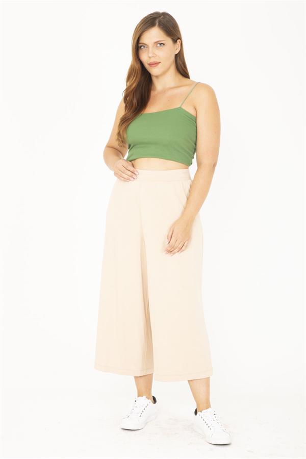 Kadın Büyük Beden Bej Geniş Paçalı Beli Lastikli Yan Cepli Viskon Pantolon 65N36807