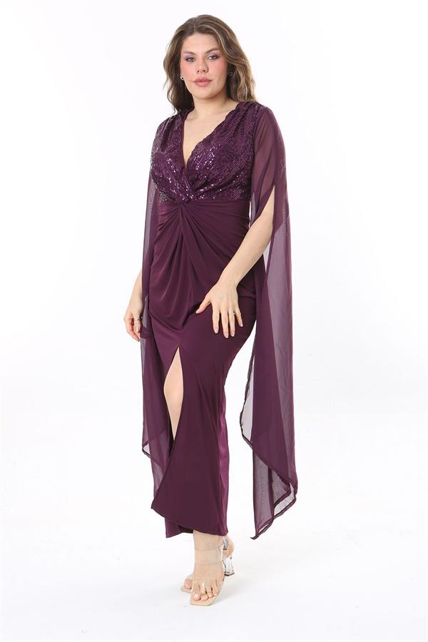 Kadın Büyük Beden Mürdüm Payet Ve Göğüs Büzgü Detaylı Kolları Şifon Elbise 65N37963