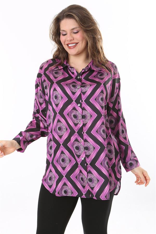 Kadın Büyük Beden Pembe Ön Düğmeli Saten Bluz 65N38017