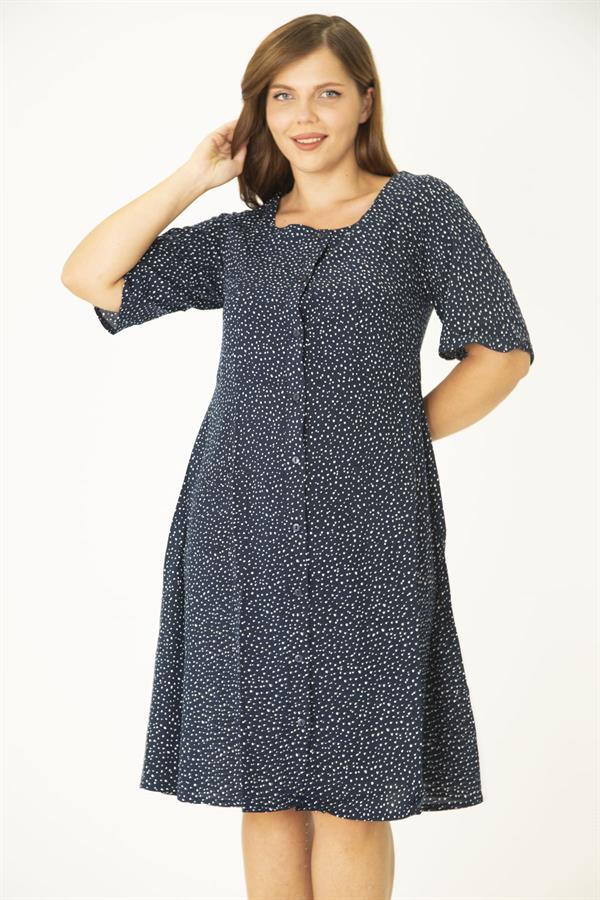 Kadın Büyük Beden Lacivert Dokuma Viskon Kumaş Ön Düğmeli Cepli Elbise 65N36785