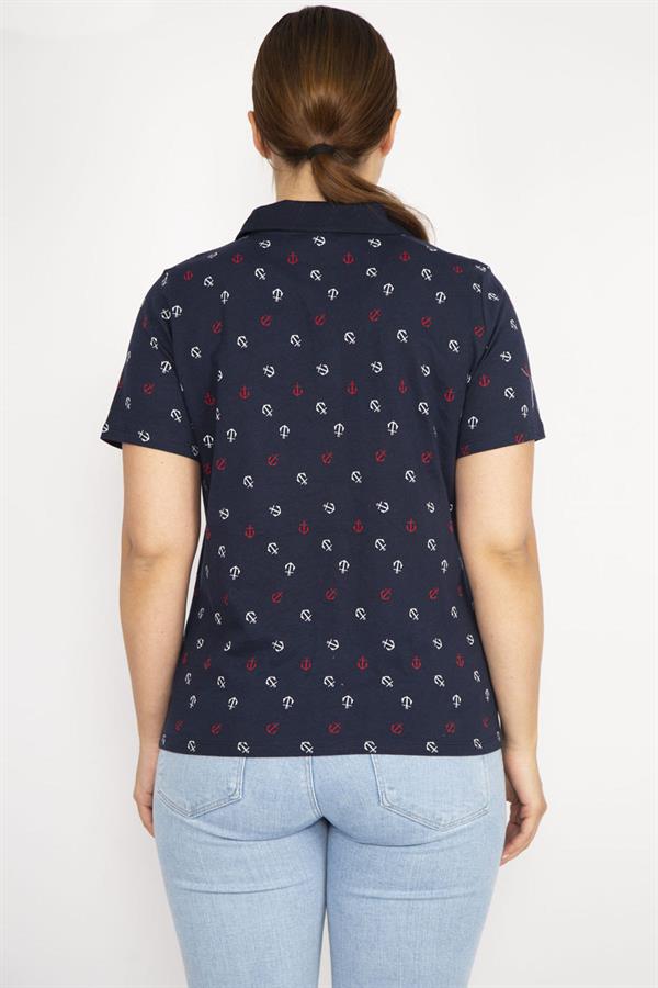 Kadın Lacivert Büyük Beden Pamuk Kumaş Marin Desen Polo Yakalı Kısa Kollu Bluz